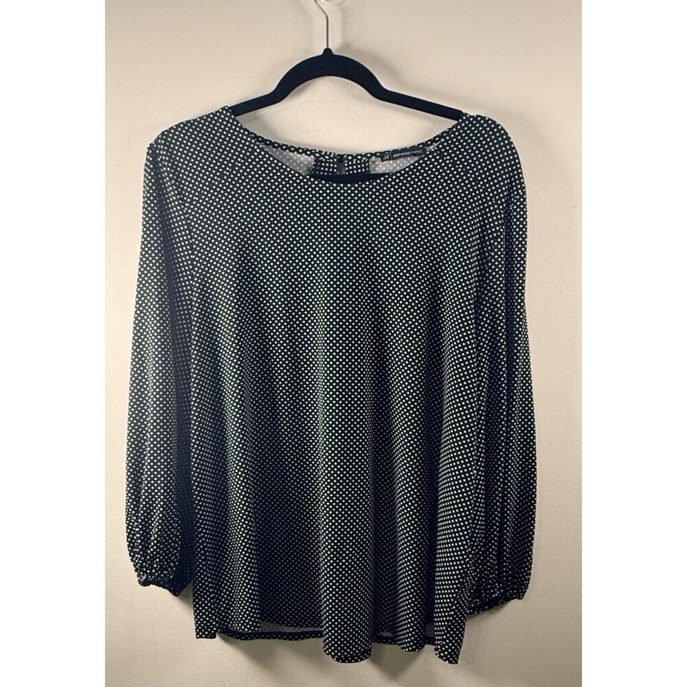 Adrianna Papell Black/White Polka Dot Knit Boat Neck Button Blouse 3/4 Sleeve